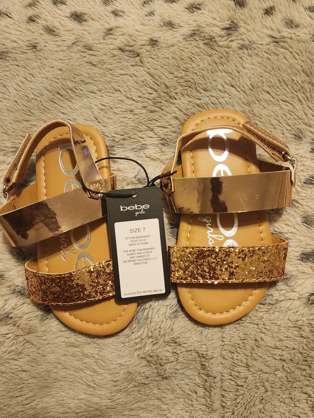 Bebe Girls Gold Glitter Strap Sandals - Size 7 Toddler